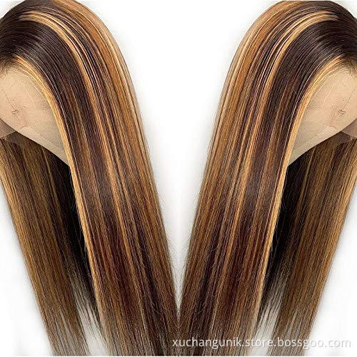 Uniky Highlight ombre Blonde Straight Brown pre pluck 13X4 Transparent Lace front Highlighted Human Hair Wigs for black women